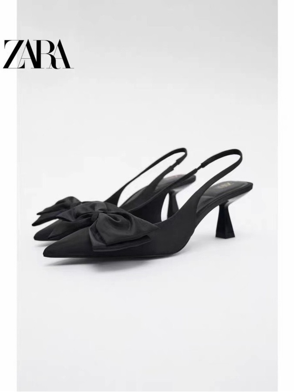 ZARA Black Pointed Slingback Heels with Bow Detail